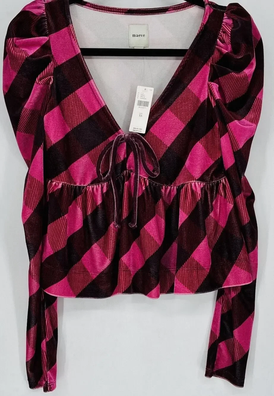 Maeve Anthropologie XS Pink Buffalo Plaid Peplum Puff Sleeve Tie Front Top NWT